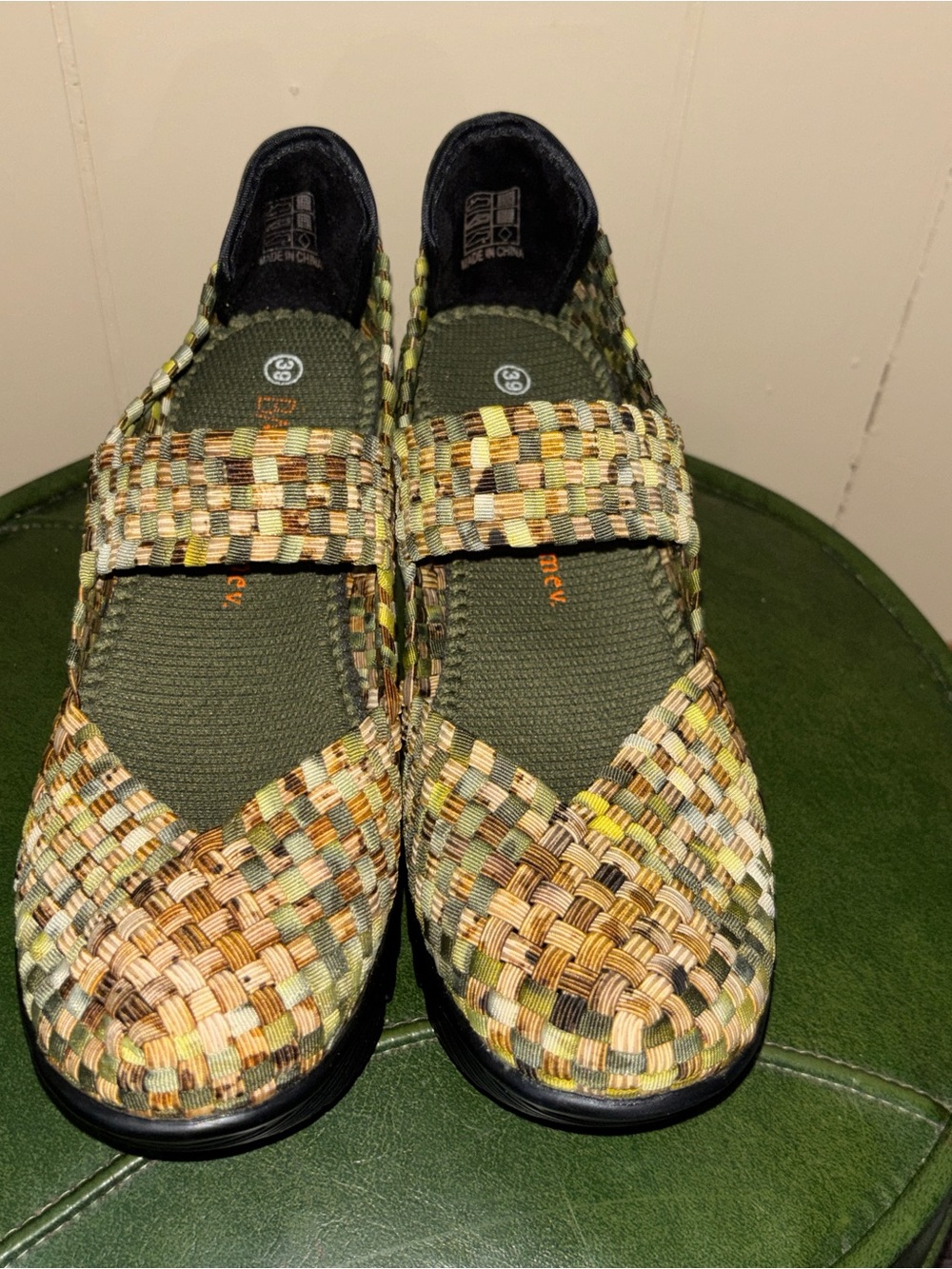 bernie mev. Olive Green Multi Woven Wedge Mary Janes